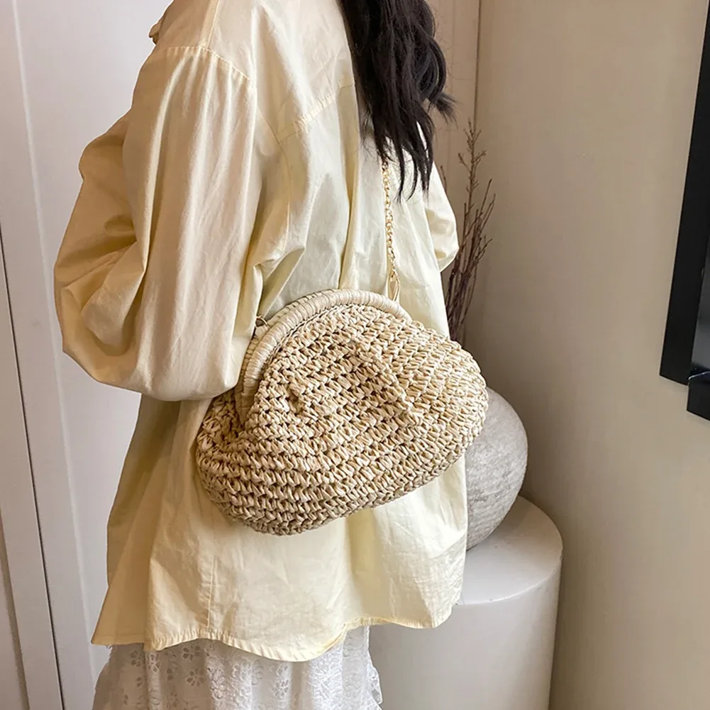 sac tissé en paille pour femmes, pochette en paille avec sangle en chaîne, sac à bandoulière élégant de grande capacité, couleur unie pour la plage d'été