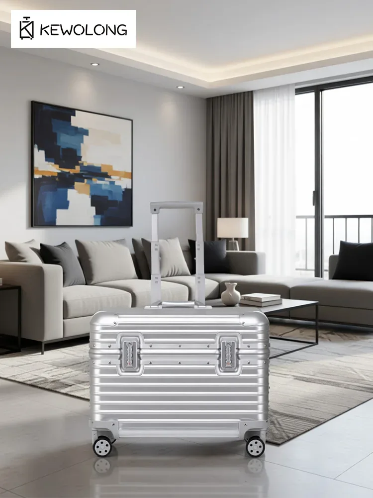 valise en aluminium à coins arrondis, bagage à main rigide à ouverture par le haut avec roulettes à 360 degrés