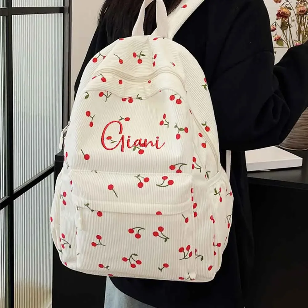 sac à dos personnalisé en velours côtelé cerise, sac de voyage universitaire brodé personnalisé, sac pour enfa