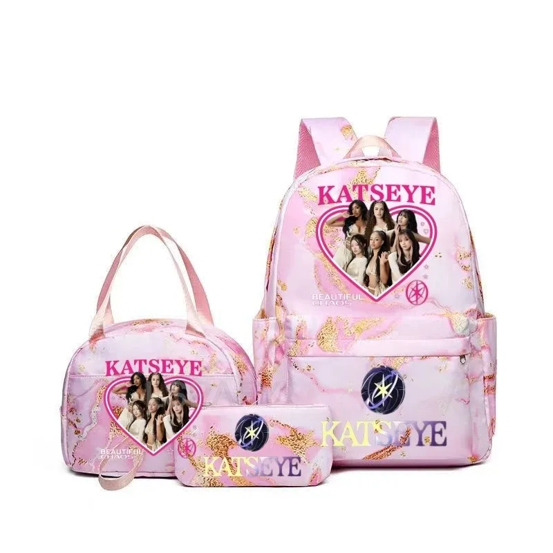 sac à dos grande capacité imprimé katseye amusant, léger, pour l'école, les voyages, décontracté, pour femmes et filles, avec compartiment pour stylos et sac à déjeuner
