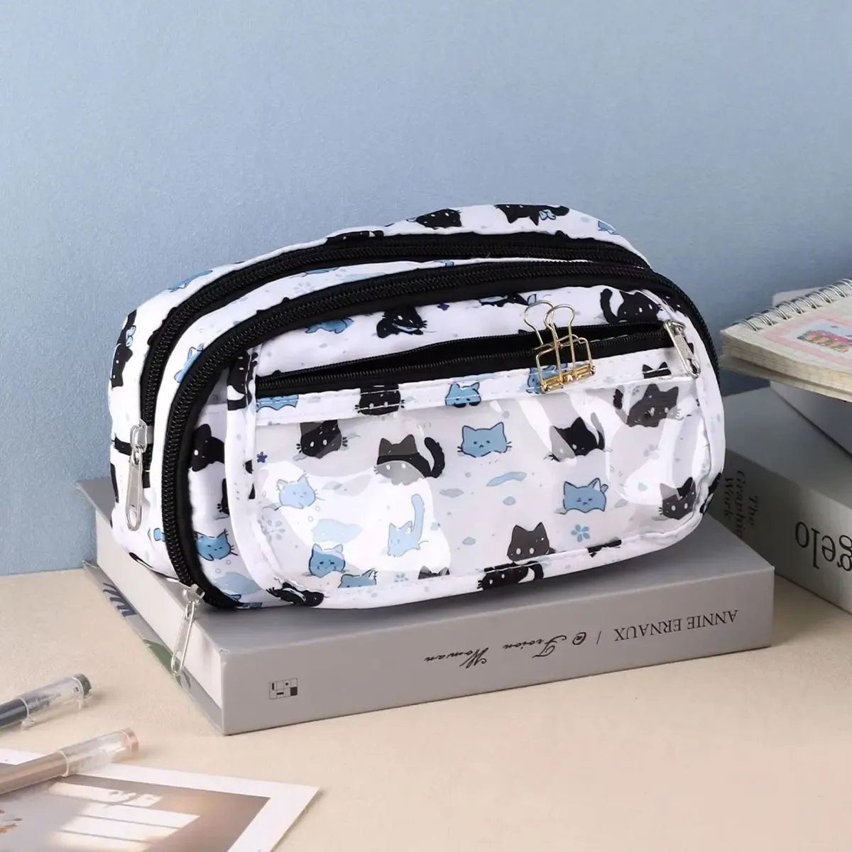 nouvelle arrivée : trousse à crayons chaton blanc neige, esthétique haut de gamme, double couche, multifonctionnelle, imprimée, pour étudiants du collège