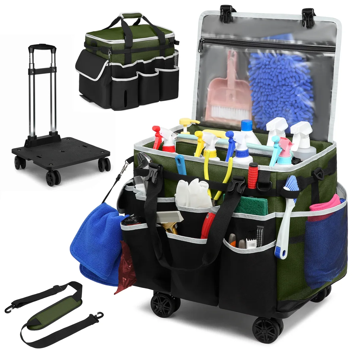 sac de caddie de nettoyage roulant, sac à outils, sac de rangement d'outils de nettoyage, grand sac de nettoyage portable professionnel avec roues, sacs oxford