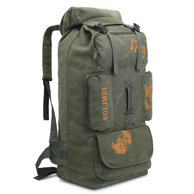 sac à dos en toile grande capacité 100l, sac à dos de voyage, de camping, de plein air, à double bandoulière, respirant, résistant à l'usure, style streetwear, unisexe