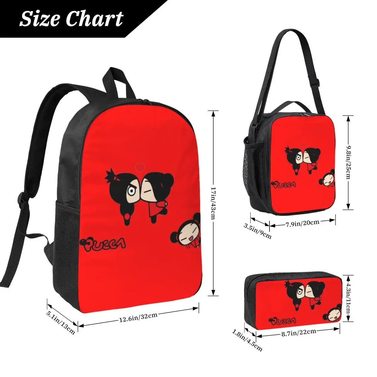 Pucca Pucca sac à dos étudiant garçons filles BookBag sac d'école ordinateur portable sacs à bandoulière 3ps sac à déjeuner isolé trousse à crayons