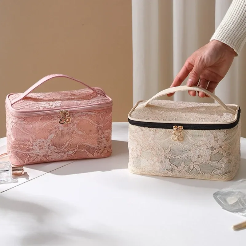 trousse de maquillage de voyage de grande capacité, sac à cosmétiques multifonctionnel portable en dentelle, sac de rangement de toilette pour femmes