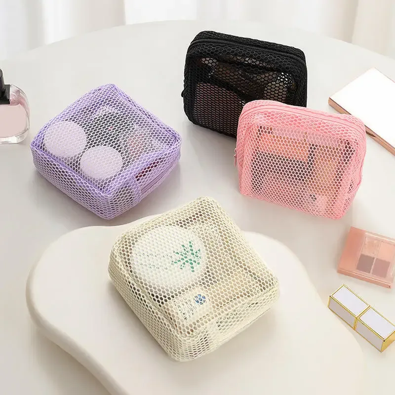 sac à cosmétiques carré en maille pour femmes, mignon, écouteurs portables, rouge à lèvres, serviettes hygiéniques, pochette de rangement, petits sacs de maquillage à fermeture éclair