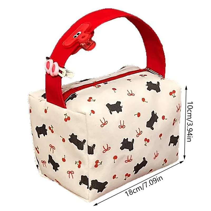 trousse de maquillage portable noire à motif chat et nœud cerise, spacieuse, pour voyage, sac de rangement tendance pour récompenses