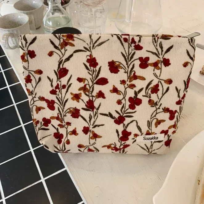 sac à cosmétiques brodé en velours côtelé, pochette, grands sacs de rangement de maquillage, pochette à cosmétiques coréenne pour femmes, trousse de toilette mignonne et de beauté