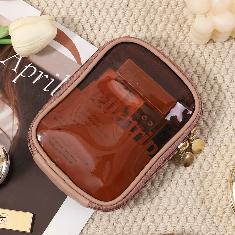 mini sac de rangement de maquillage de voyage transparent, petit sac de maquillage preppy mignon, fermeture éclair cosmétique, rangement de toilette, pochette pour pièces de monnaie pour femmes