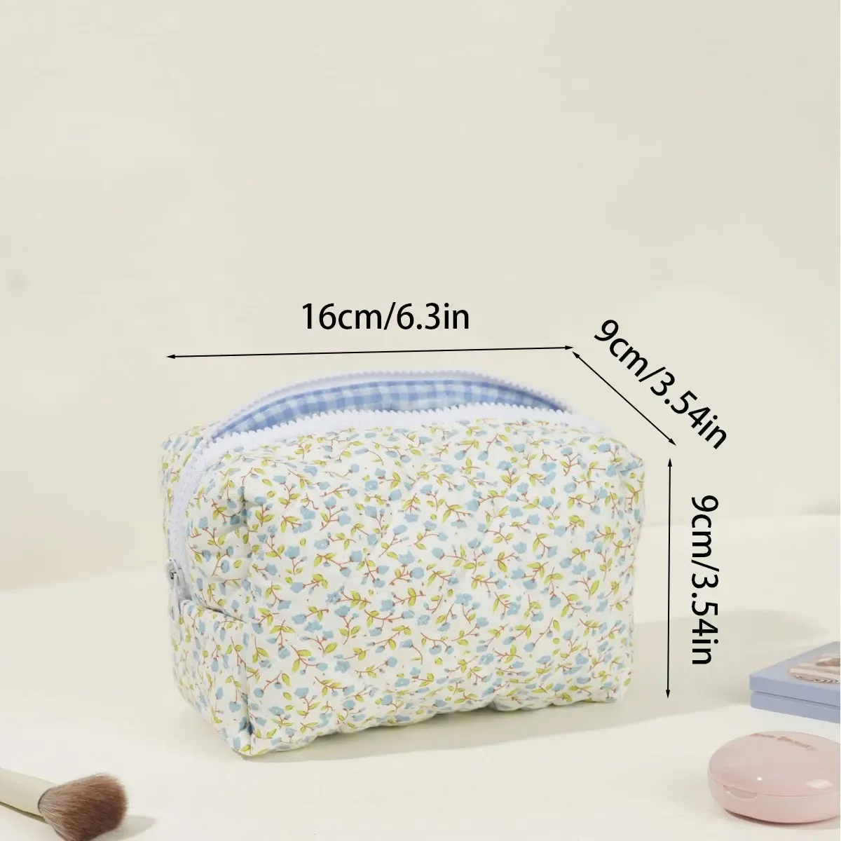 pochette de maquillage florale matelassée douce, pochette de voyage en coton portable, trousse de toilette à fermeture éclair, organiseur de rangement pour femmes