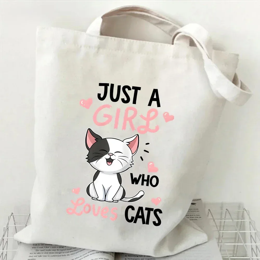 sac à bandoulière en toile pour femme, motif « just a girl who loves cats », sac de shopping, sac fourre-tout pour étudiante, sac à main motif chaton de dessin animé