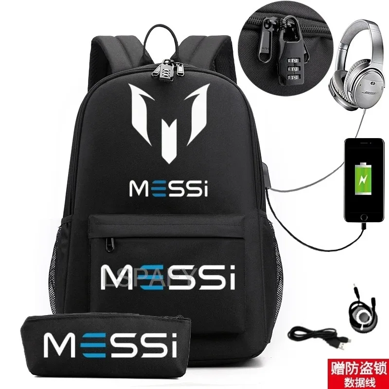 sac à dos messi tendance (lot de 2) – anti-vol, unisexe, simple, pour ordinateur portable, avec port usb, grande capacité, idéal pour les voyages, l'école, les garçons et les filles