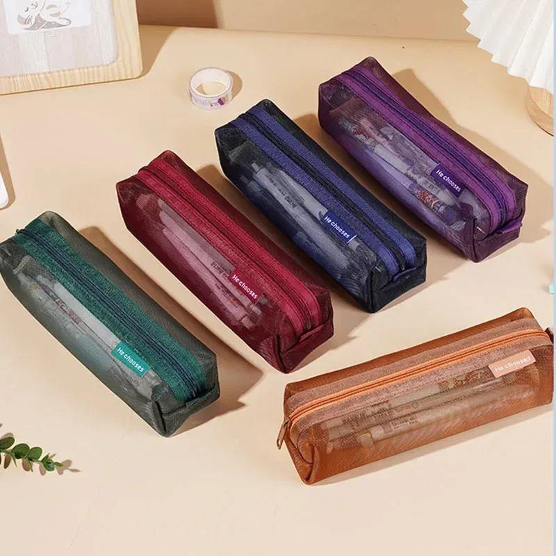 sac à cosmétiques en maille de nylon transparent simple, sac de papeterie pour étudiants, trousse à crayons, sac de rangement portable de grande capacité, pochette de maquillage