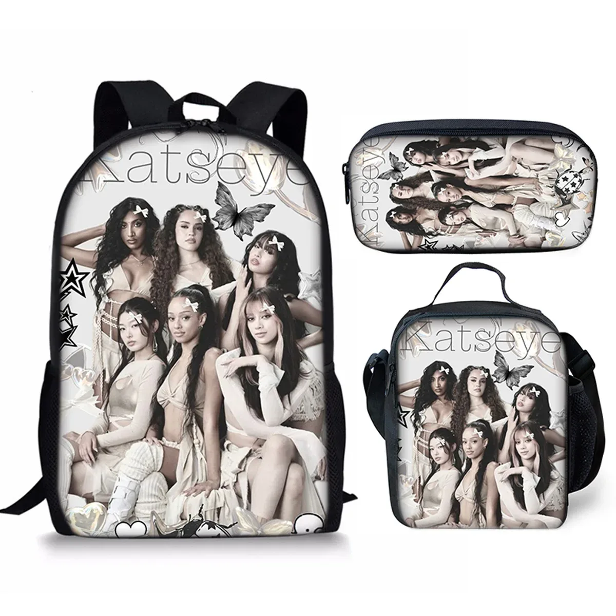 Sac à dos d'école Kpop Katseye 3D imprimé, 3 pièces/ensemble, avec sac à déjeuner et trousse à crayons – Nouveauté amusante et populaire de luxe