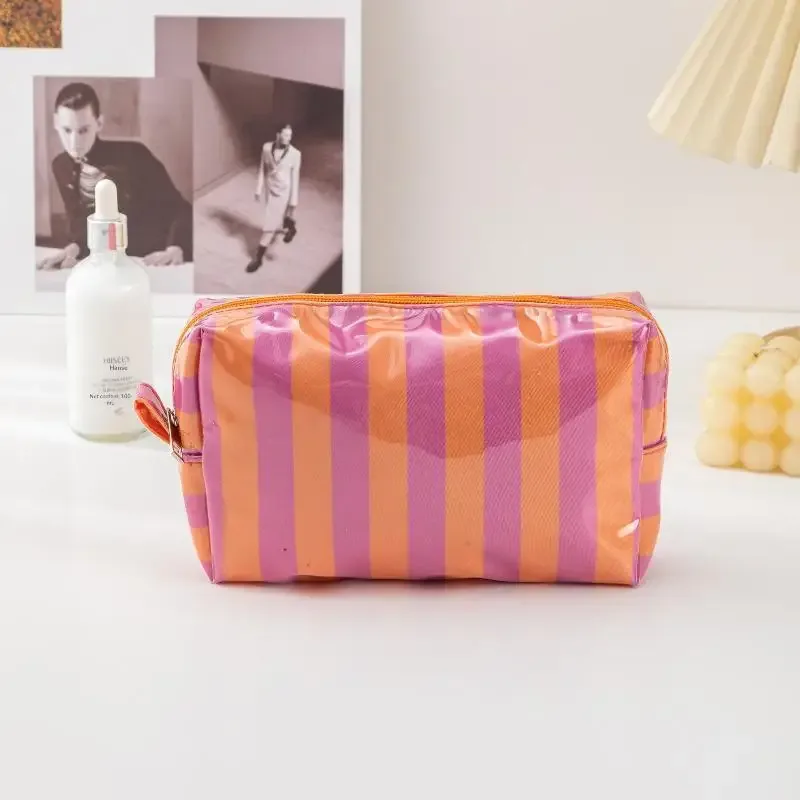 sac à cosmétiques rayé en pvc, trousse de maquillage avec fermeture éclair, trousse de toilette de voyage étanche, étui pour pinceaux de maquillage, 1 pièce