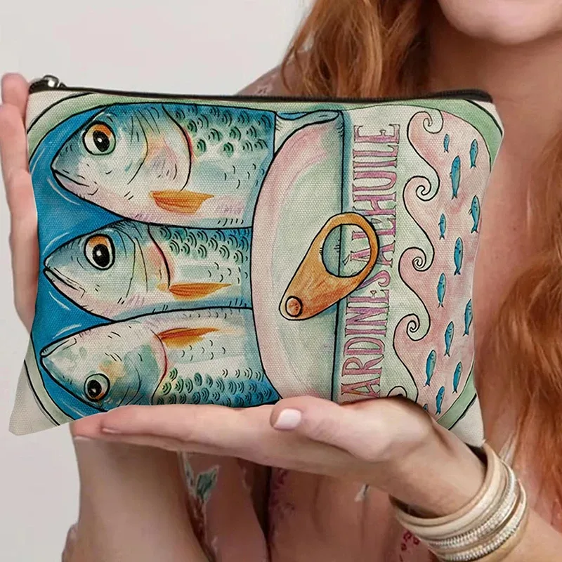 sac à cosmétiques en toile vintage, trousse de maquillage simple de grande capacité, pochette de voyage pour femmes, trousse de toilette rétro, design d'huile d'olive de sardines