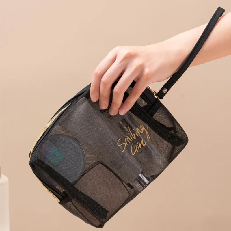 trousse de maquillage en maille noire de grande capacité, pochette de rangement, trousse de toilette décontractée à fermeture éclair, trousse de maquillage pour femmes, sac à cosmétiques de voyage