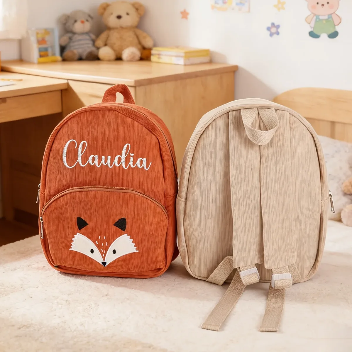 sac à dos personnalisé en velours côtelé avec nom brodé pour enfant, cadeau d'école pour tout-petit, sac d'anniversaire motif ours ou renard