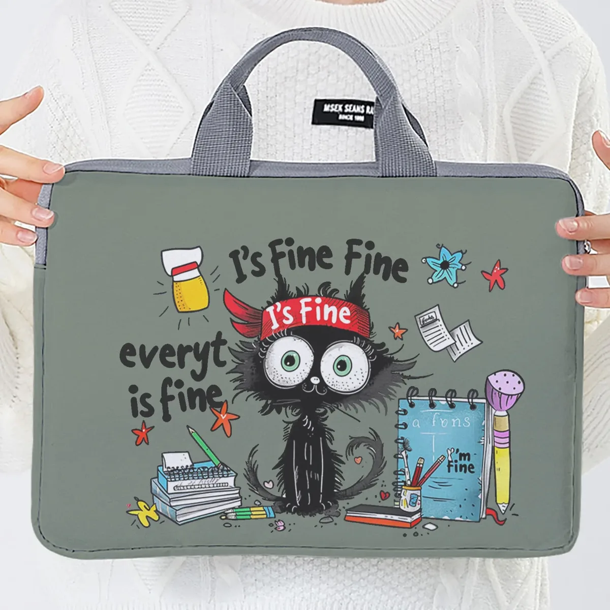ensemble unique, deux styles, sacoche pour ordinateur portable et porte-documents à motif de chat noir, adapté aux ordinateurs portables de 14 pouces.