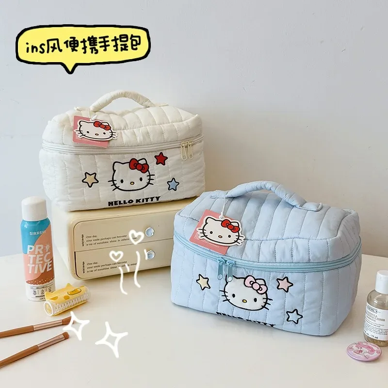 véritable trousse de maquillage hello kitty, mignonne, portable, grande capacité, idéale pour les voyages.
