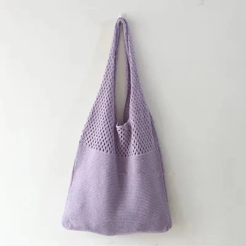 sac fourre-tout en laine tricoté de couleur unie, nom personnalisé, sac de shopping pour femmes, sac à main rétro ajouré, sacs à main doux brodés personnalisés
