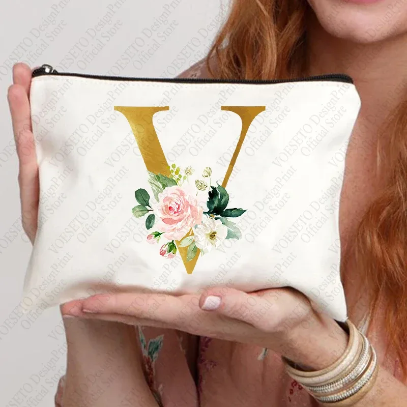 sac à fermeture éclair à motif initial pour femme, trousse de maquillage cosmétique, poudres de toile de bain de mariage, sacs de rouge à lèvres de voyage, cadeau de fête d'enterrement de vie de jeune fille