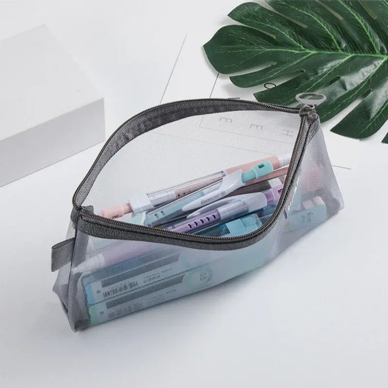 trousse de maquillage simple gris noir, grande capacité, sacs transparents pour pinceaux cosmétiques, trousse à crayons en nylon tridimensionnelle pour étudiants