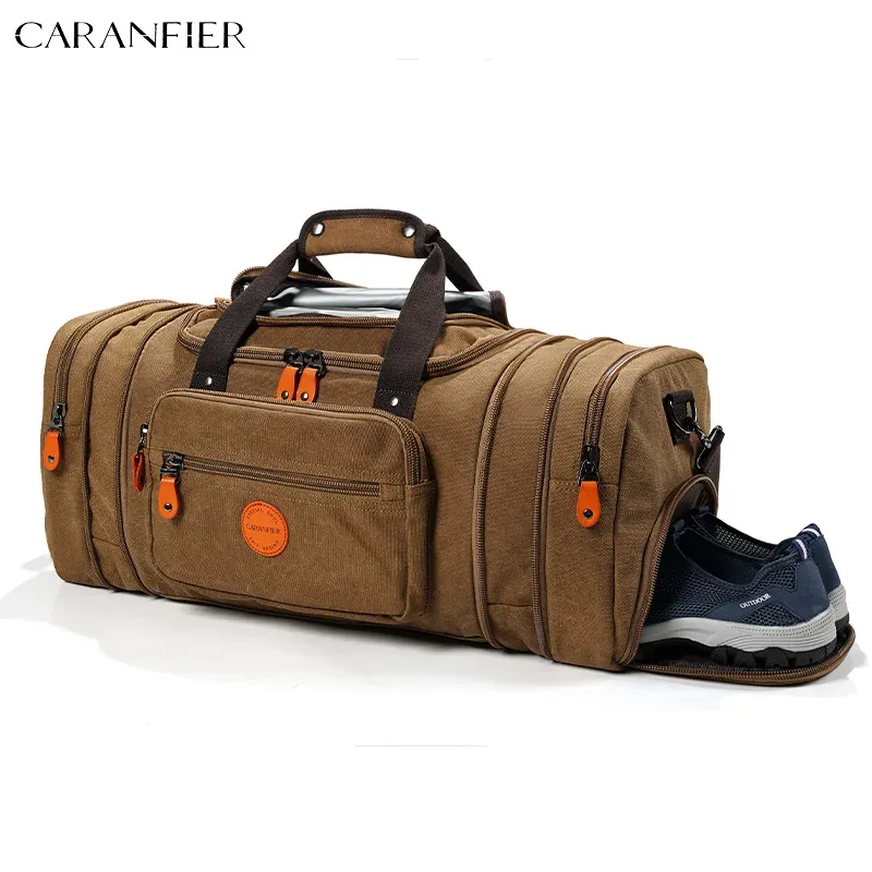 caranfier – sac de voyage en toile 16oz pour hommes, compartiment à chaussures extensible, design 50l/55l, poche de séparation sec et humide