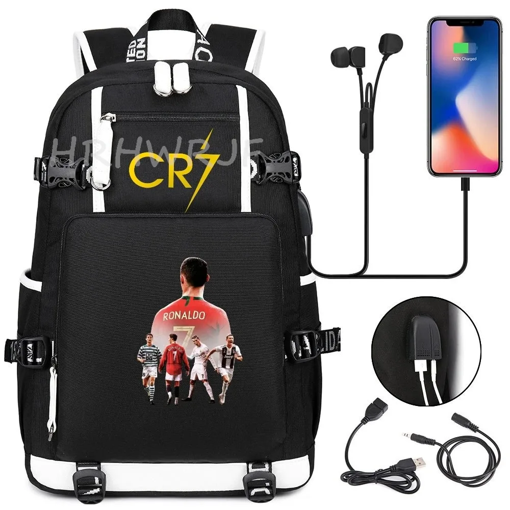 sac à dos usb cr7 pour superstars du football, sac de voyage pour ordinateur portable, sacs d'école noirs pour hommes, sacs d'école pour étudiants, mochilas, cadeau