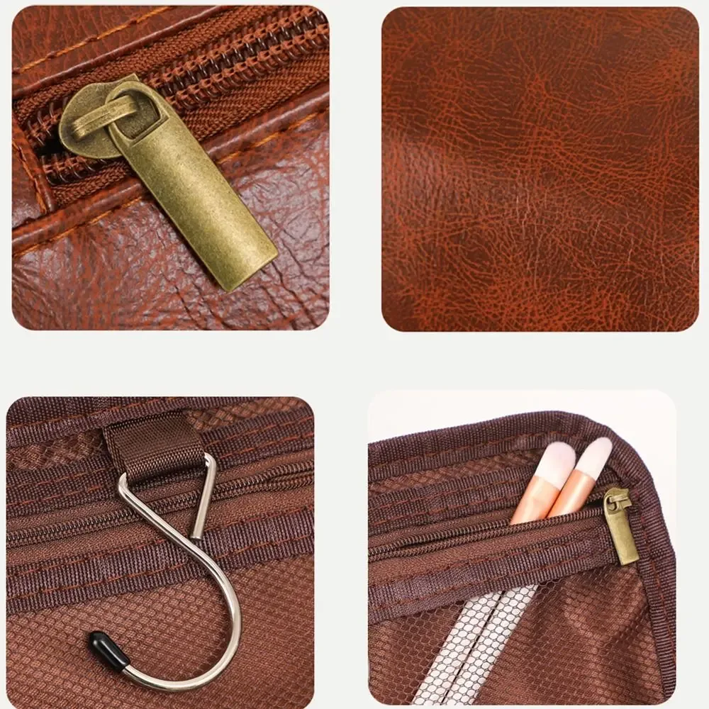 sac de toilette pour homme en cuir pu avec poignée, sac de rangement cosmétique imperméable, grande capacité avec crochet de suspension, trousse de maquillage de voyage