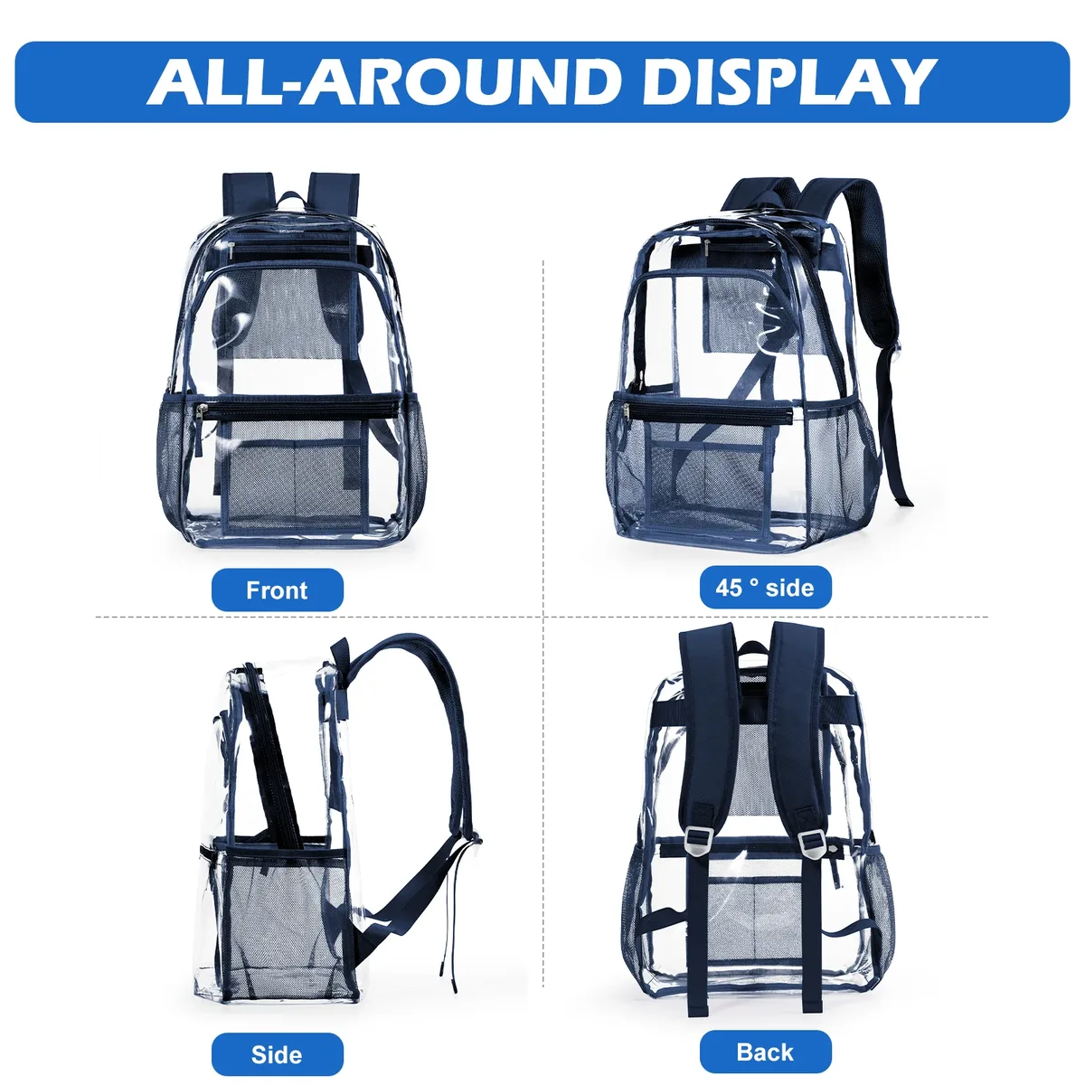 sac à dos en polyester transparent - sac à dos transparent élégant pour l'école sac à dos transparent multi-poches sac esthétique moderne décontracté 