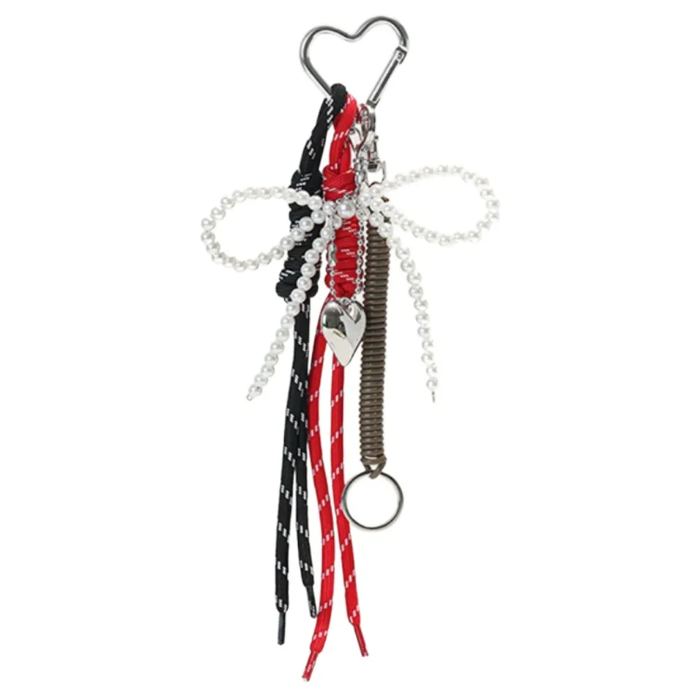 porte-clés créatif en cuir brillant avec nœud perlé, longue pampille, cœur d'amour, pendentif pour sac à dos, breloque de sac faite à la main, décoration pour sac à main quotidienne