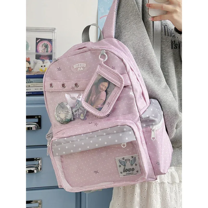 sac à dos très stylé pour les filles du collège, grande capacité, sac à dos à pois et imprimé étoiles pour les lycéennes