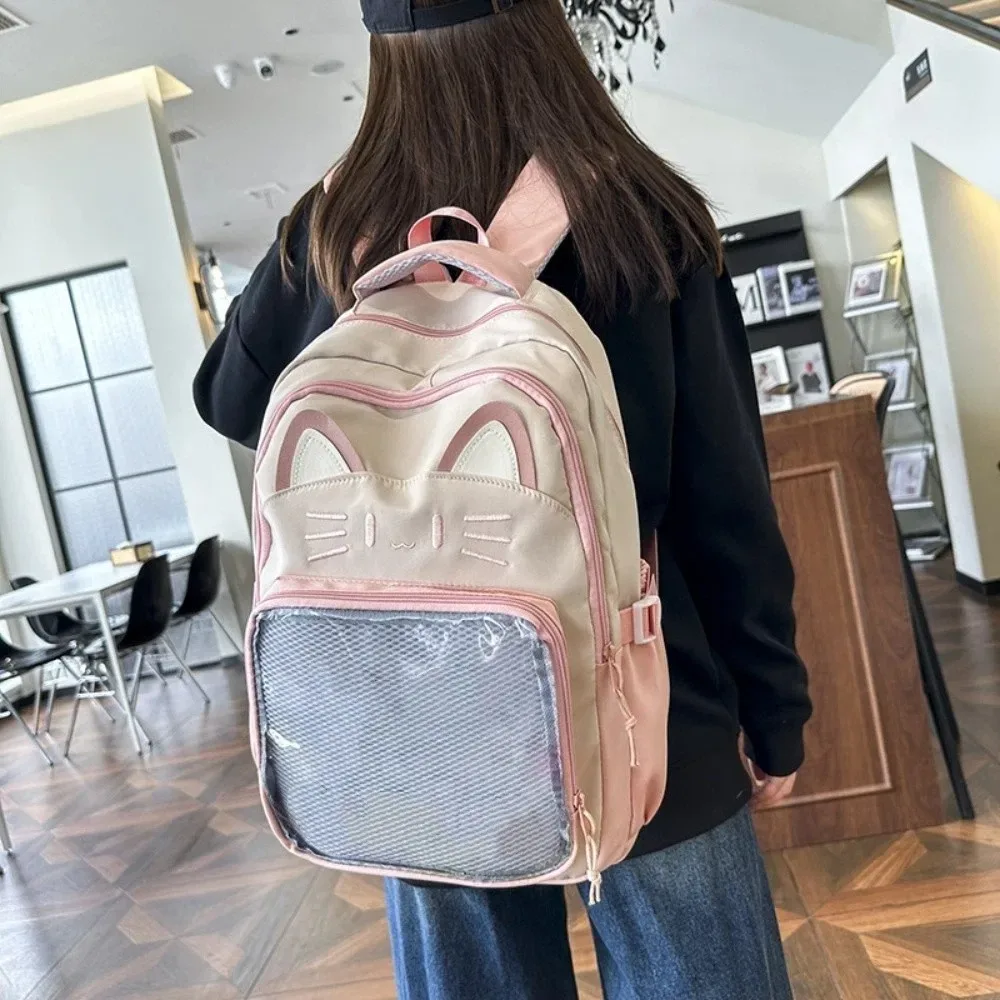 sac ita brodé tendance style preppy grande capacité poche transparente sac à dos étudiant chat mignon pour femme
