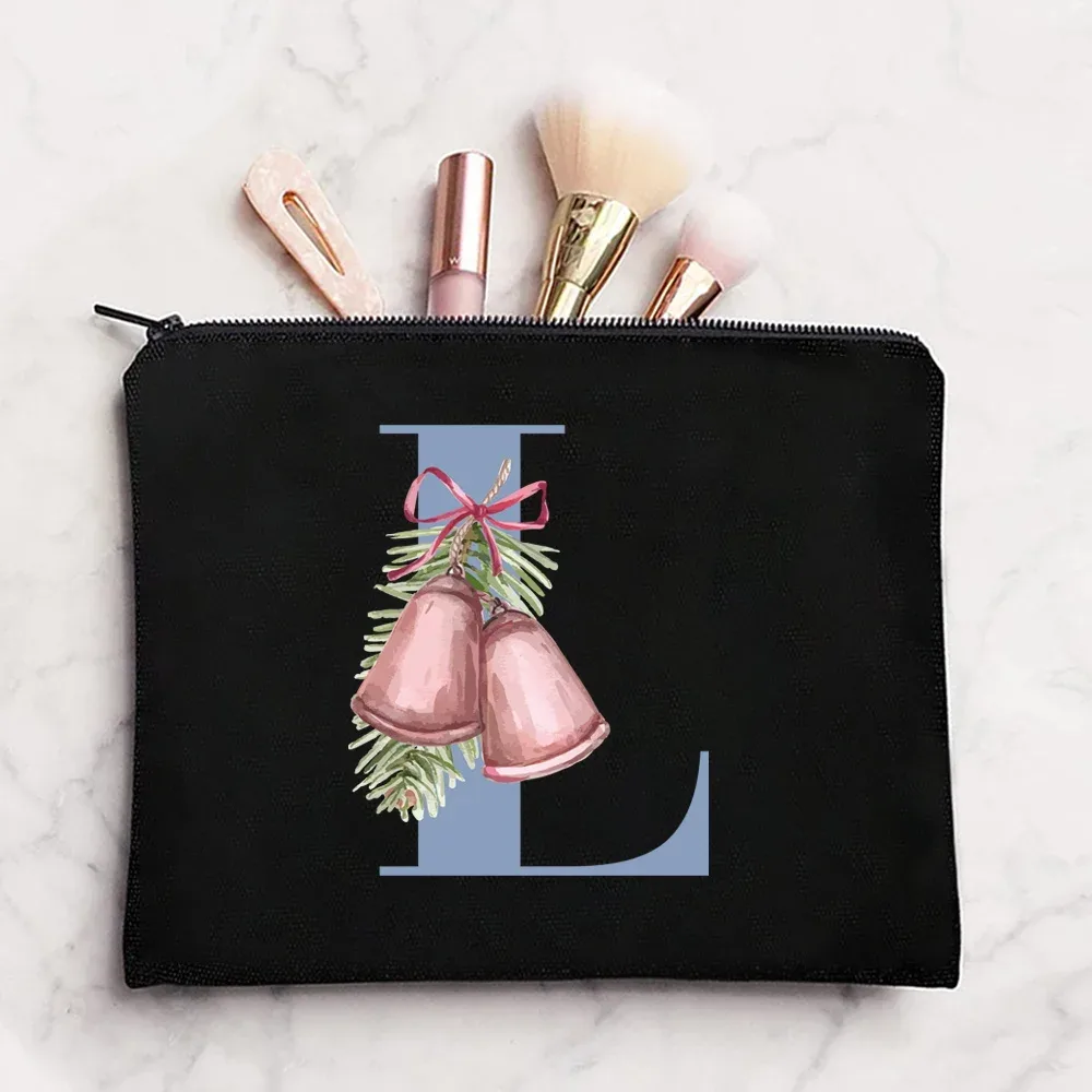 sac à cosmétiques en tissu pour femmes, pochette de maquillage, sac de voyage, rouge à lèvres, étuis de rangement, pochette à fermeture éclair, porte-monnaie de téléphone, initiales bleues imprimées