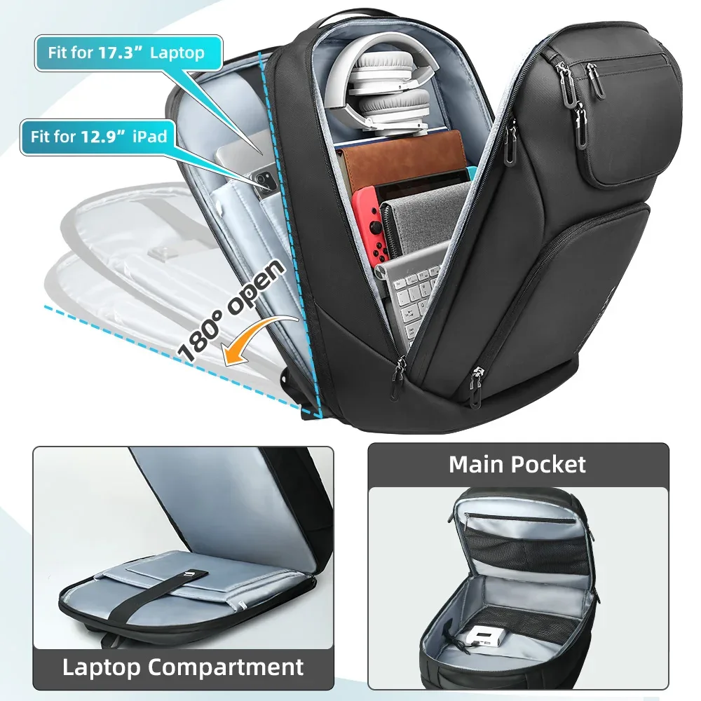 ian-sac à dos de voyage spacieux pour homme, sac à dos pour ordinateur portable 17.3 ", grande capacité, sacs à dos étanches avec usb, nouveauté