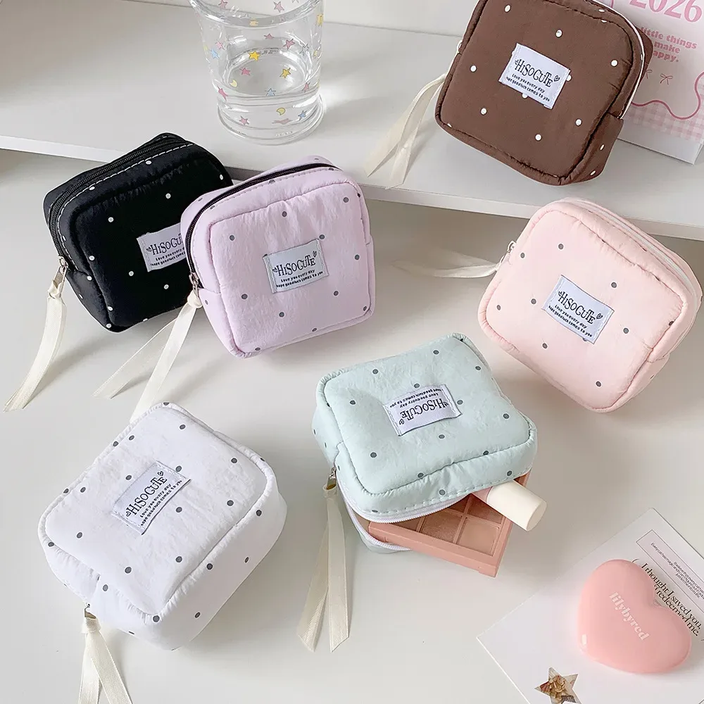 pochette cosmétique carrée à pois, petite pochette portable pour rouge à lèvres, sac de rangement simple pour serviettes hygiéniques pour étudiantes