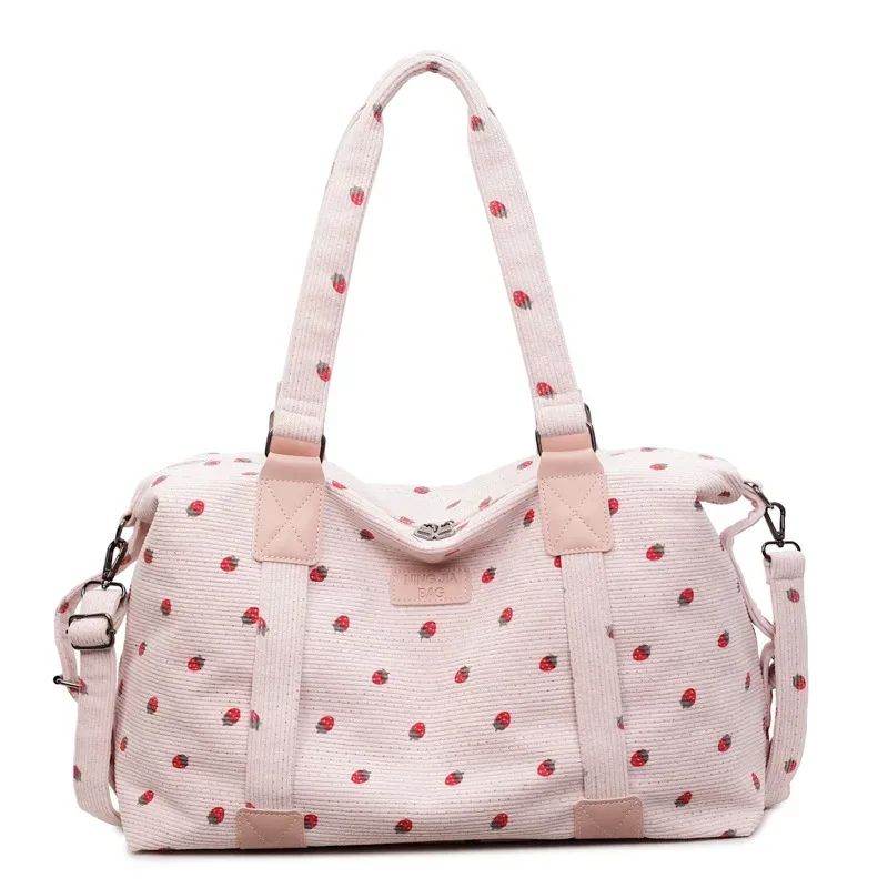 sac fourre-tout de voyage en velours côtelé grande capacité, sac à main de voyage motif fraise avec compartiment à chaussures, sac de sport et de fitness pour femme, livraison directe