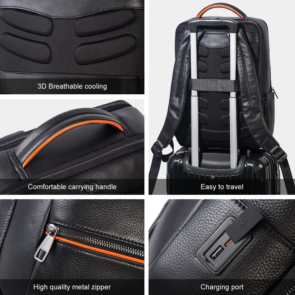 humerpaul-sac à dos durable pour ordinateur portable, en cuir véritable, avec port de chargement usb, pour voyage, multifonctionnel