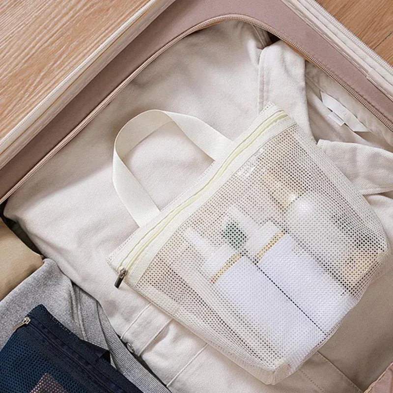 sacs de rangement de maquillage et de toilette en maille, sacs à main portables de voyage, lavage du corps, outils de douche, organisateur suspendu, pochette de rangement de cosmétiques