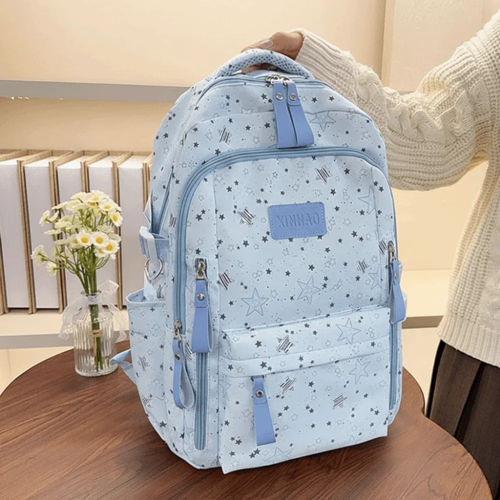 Sac à dos portable imprimé étoile grande capacité style universitaire en nylon, sac d'école coréen pour étudiantes