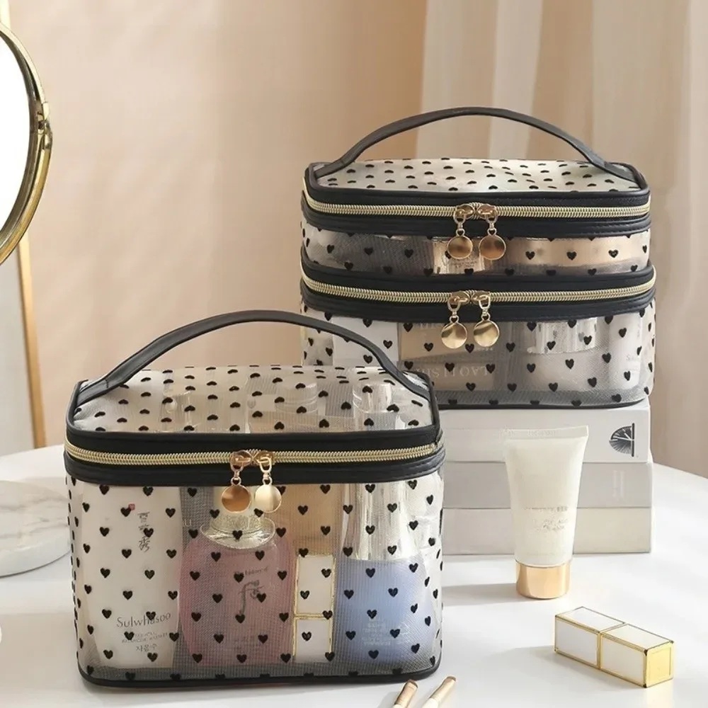 Sac à cosmétiques en maille noire, double couche, grande capacité, pochette de rangement, fermeture éclair, sacs de toilette portables