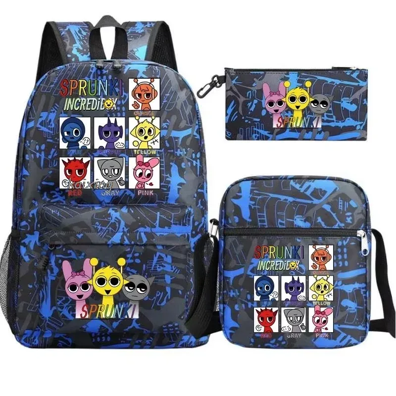 ensemble de 3 sacs à dos imprimés sprunki anime, avec sac fourre-tout et pochette, sac à dos d'extérieur léger et respirant de grande capacité