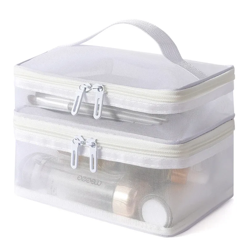 sac de rangement de cosmétiques de voyage à 2 couches, pochette de rangement transparente pliante en maille à fermeture éclair, sac de kit de lavage de maquillage de grande capacité 2024