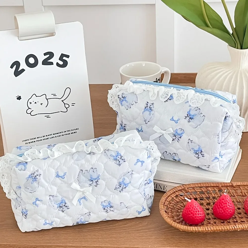 sac de maquillage en dentelle de chat de dessin animé pour femmes, organisateur de voyage, pochette cosmétique de toilette, sac de maquillage portable pour filles, vente en gros