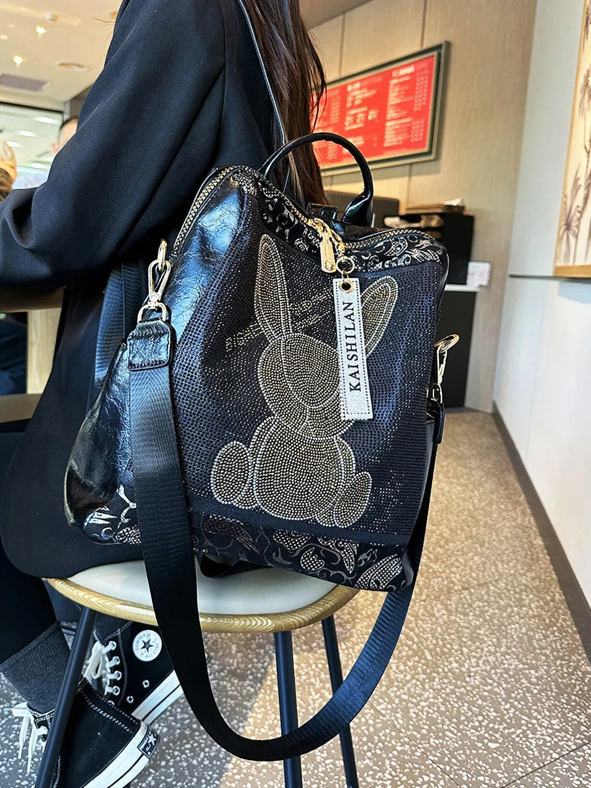 Sac à dos tendance et à la mode, grande capacité, polyvalent, pour les déplacements, lapin clouté, diamant