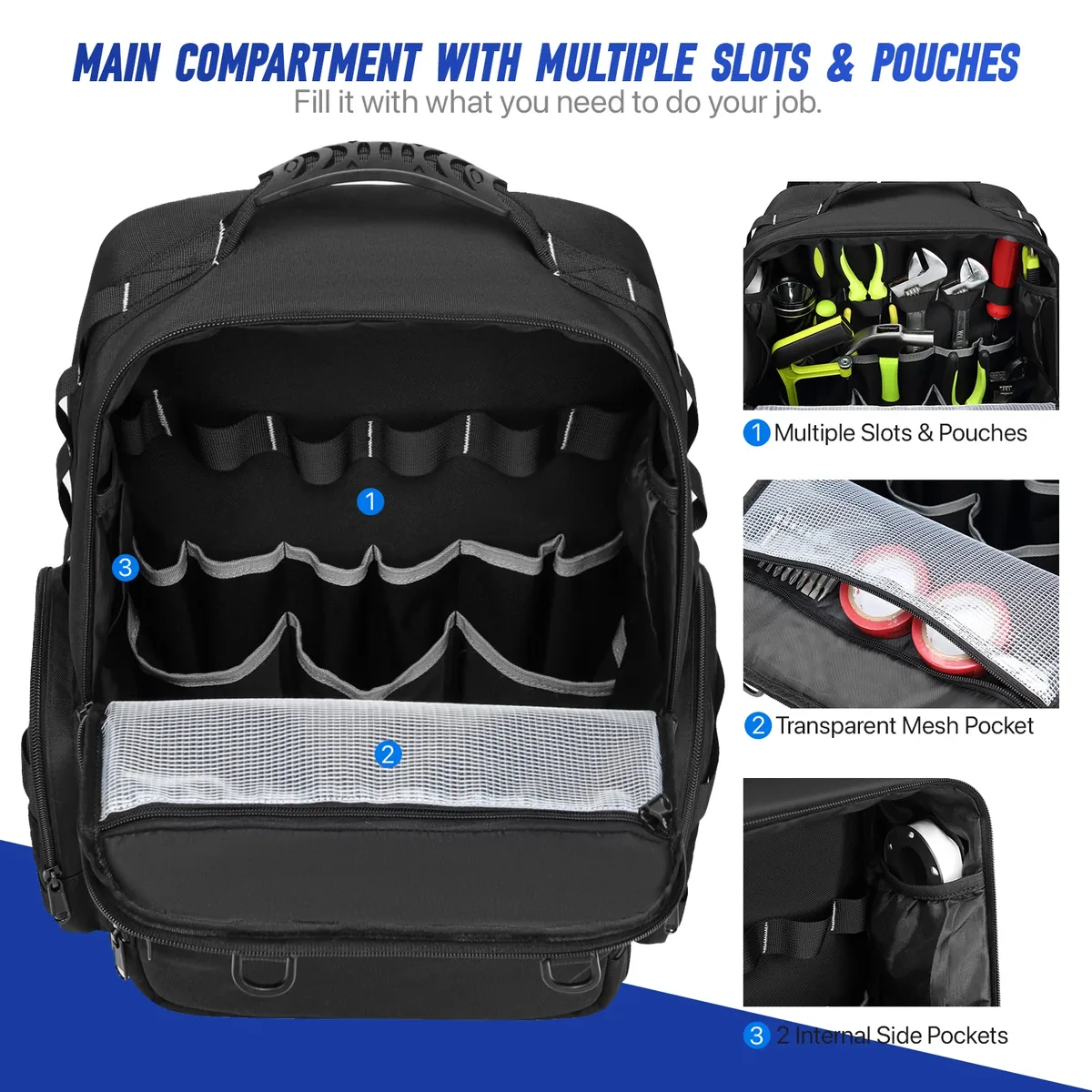 sac à dos à outils robuste pour hommes, rangement d'outils avec 3 pochettes à outils, organisateur d'électricien, plombier, sacs à outils pour travailleurs d'entretien