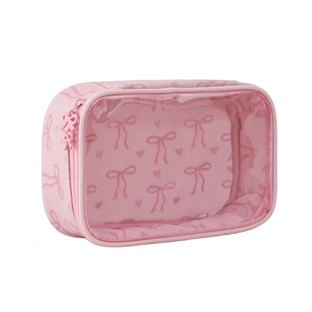 pochette de toilette transparente en pvc avec imprimé nœud, grande capacité, étanche, portable, pour voyage, organiseur de maquillage mignon pour femmes