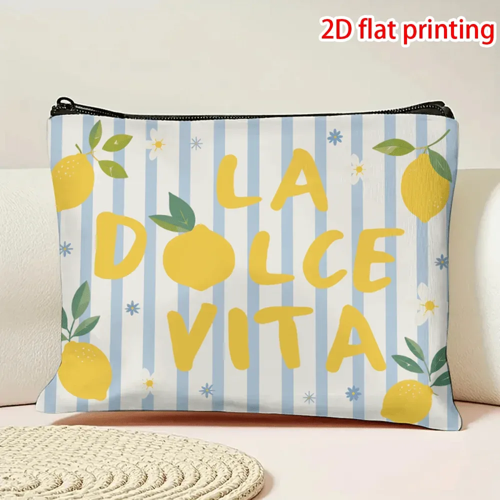 pochette à fermeture éclair à motif citron la dolce vita, sac à cosmétiques rayé bleu, trousse de maquillage jaune, trousse à crayons de voyage pour femmes