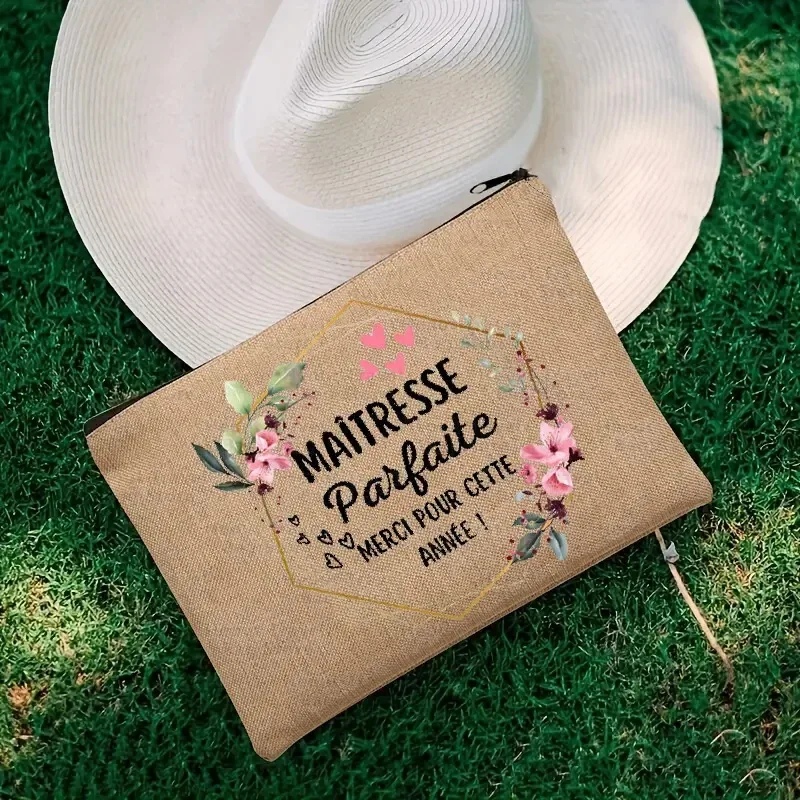 merci maîtresse sac cosmétique français avec fermeture éclair voyage nécessité soins de la peau lin stockage étudiant trousse à crayons cadeau pour enseignant
